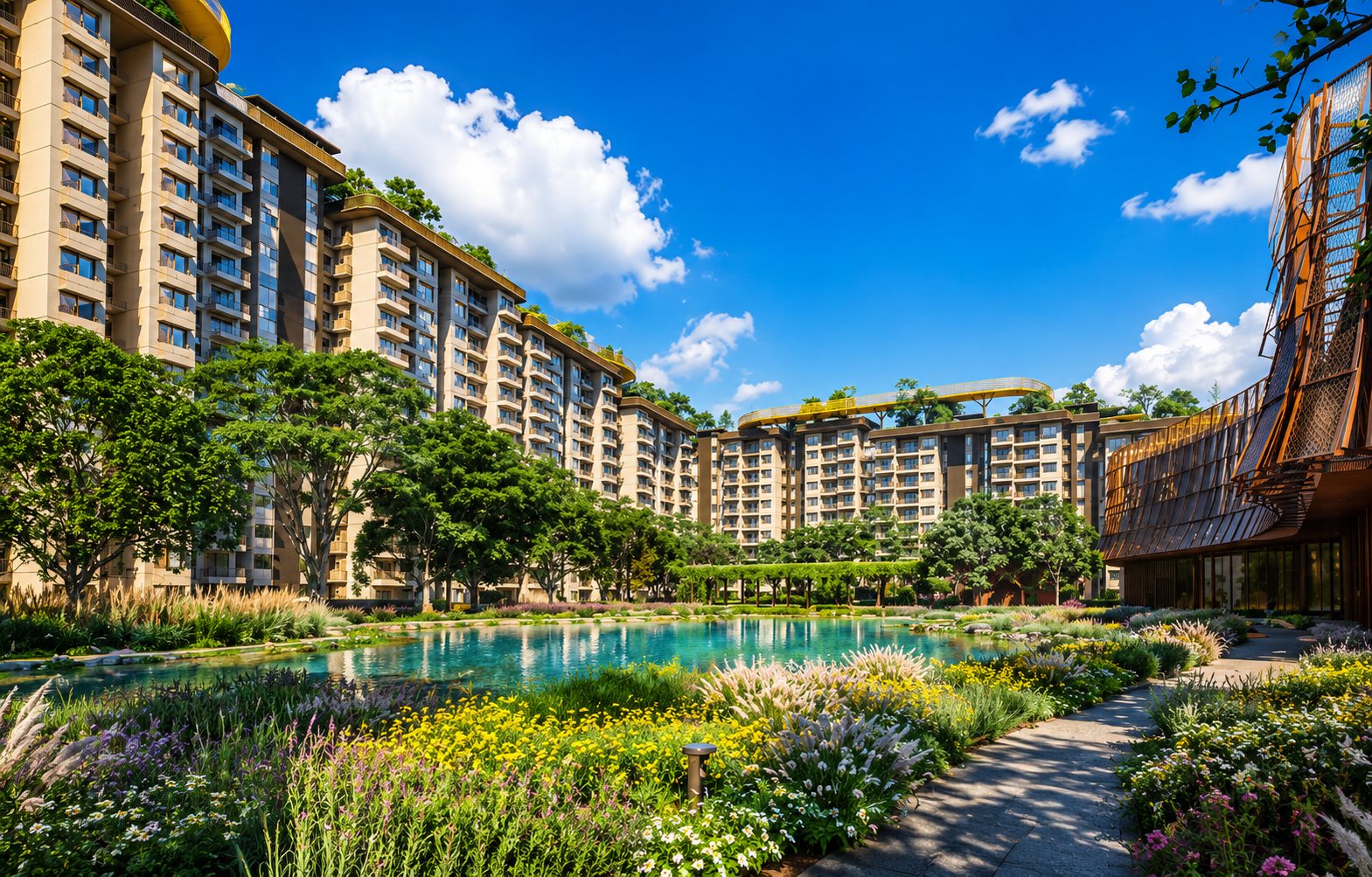 Embassy Knowledge Park landscaped lagoon with residential towers and blooming gardens