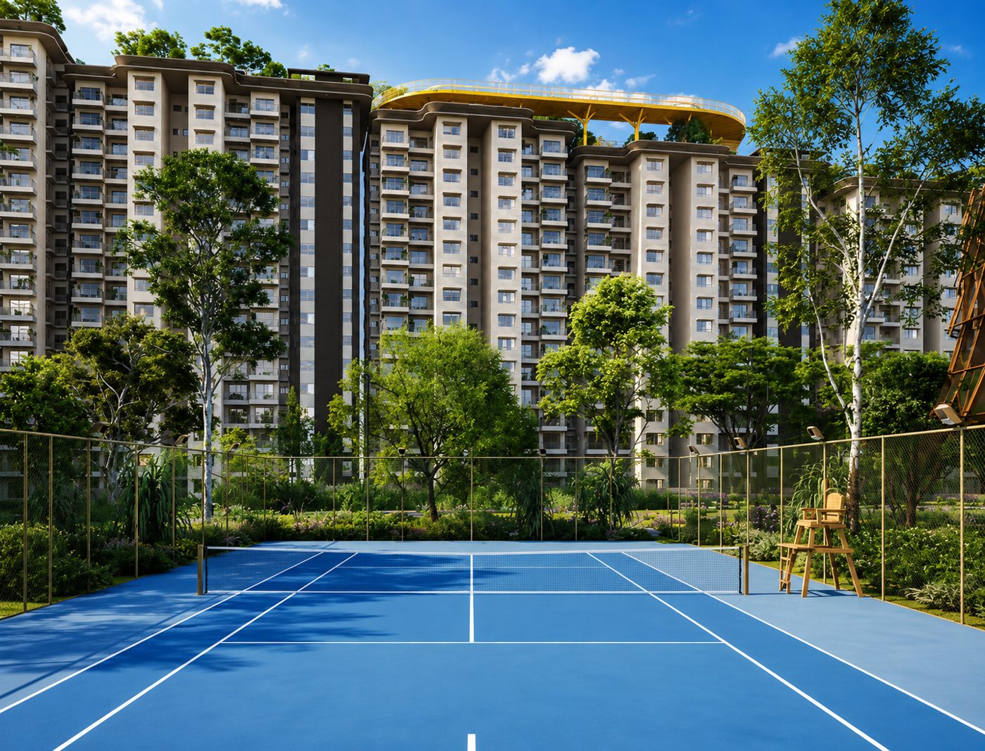 Embassy Knowledge Park tennis court amenity framed by greenery